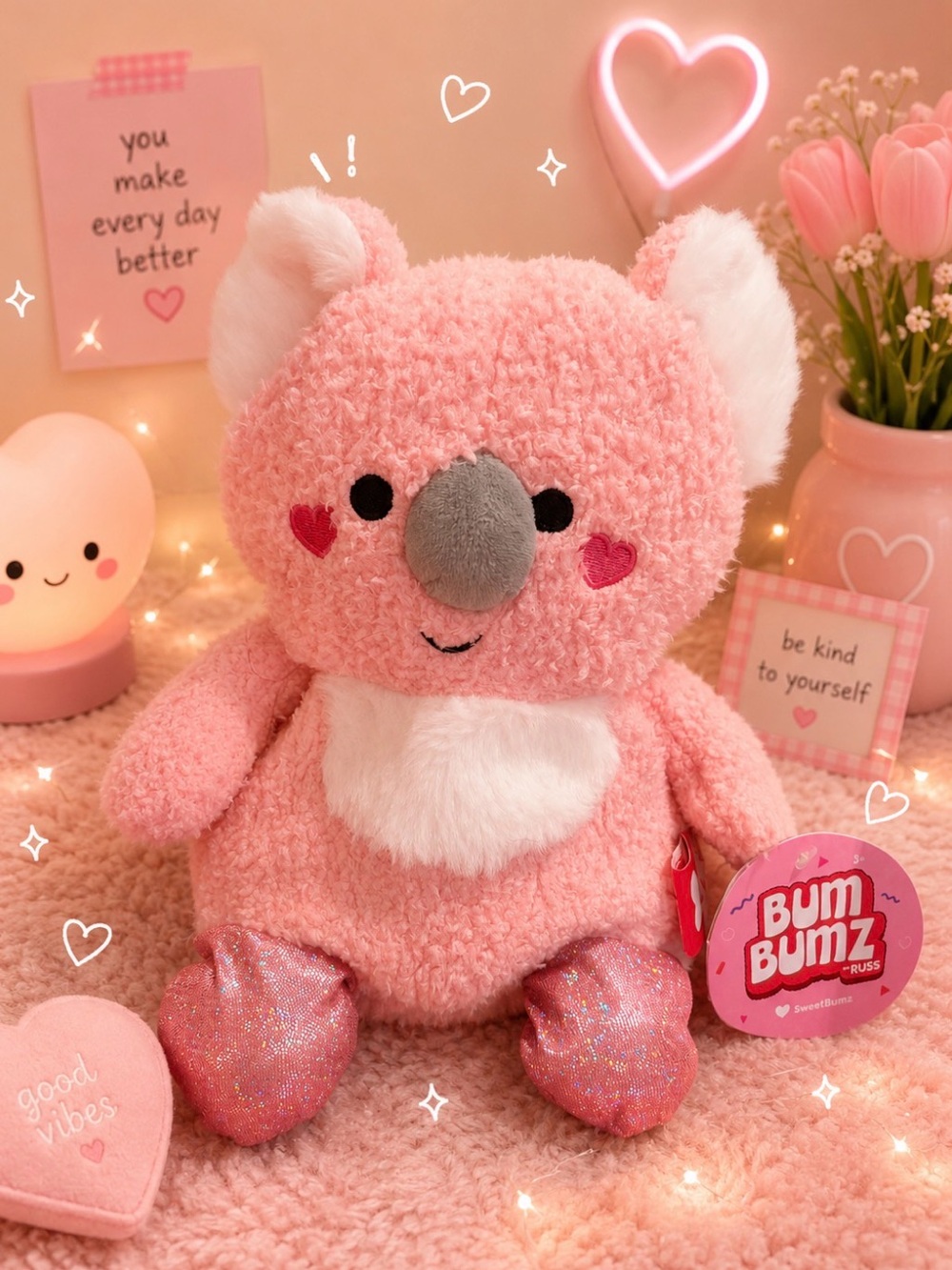 BumBumz Killian the Pink Koala Valentine Plush — Sparkle Feet 7.5 inches